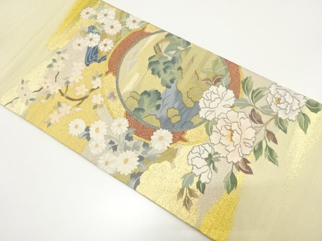 綴れ　絵皿に風景・牡丹・桜模様織り出し　袋帯